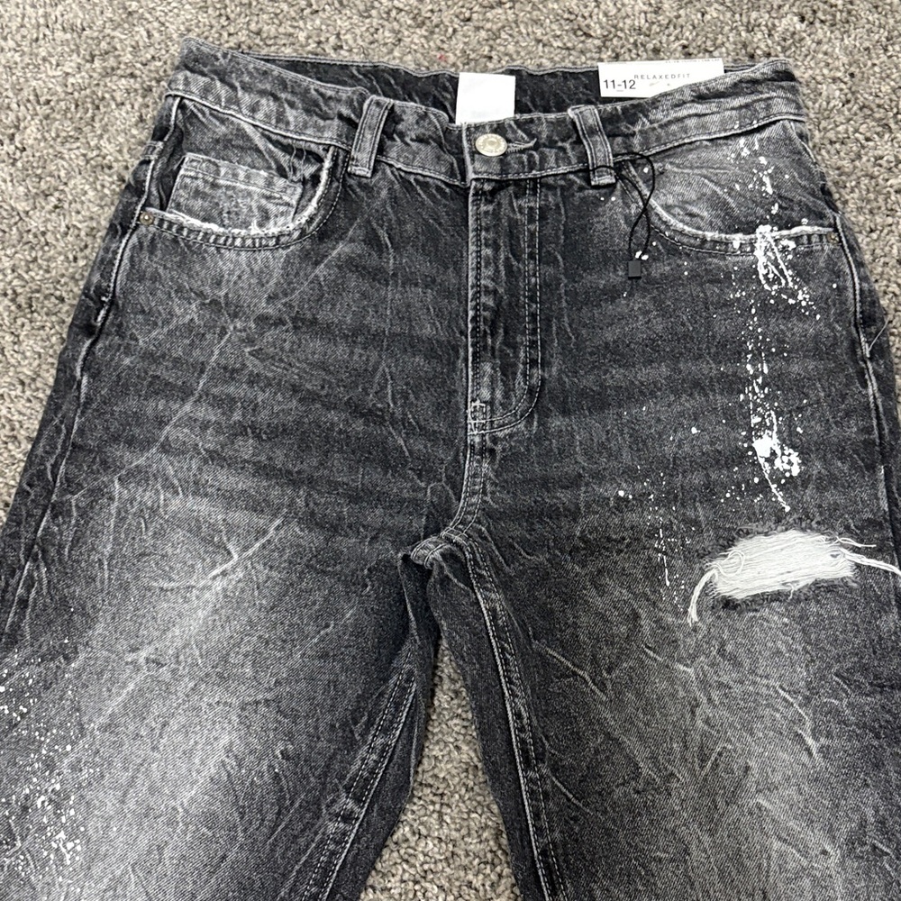 ZARA Boys Relaxed Fit Jeans Size 11-12Y Black Acid Wash Paint Splatter